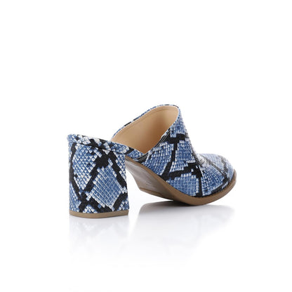 Faux Leather Snakeskin Block Heel Mules – Blue
