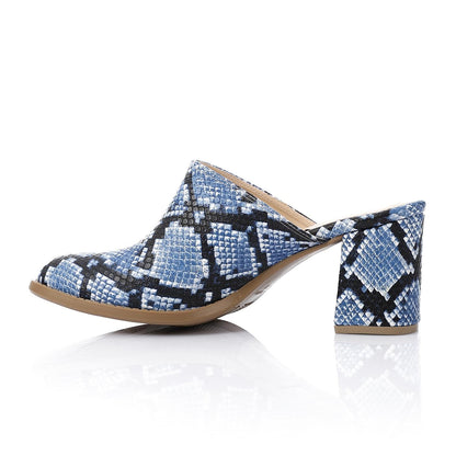 Faux Leather Snakeskin Block Heel Mules – Blue