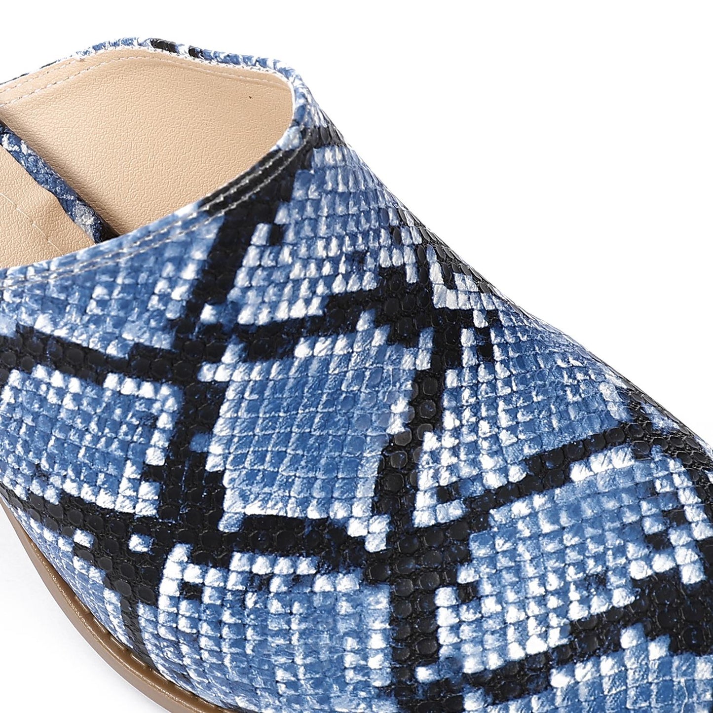 Faux Leather Snakeskin Block Heel Mules – Blue