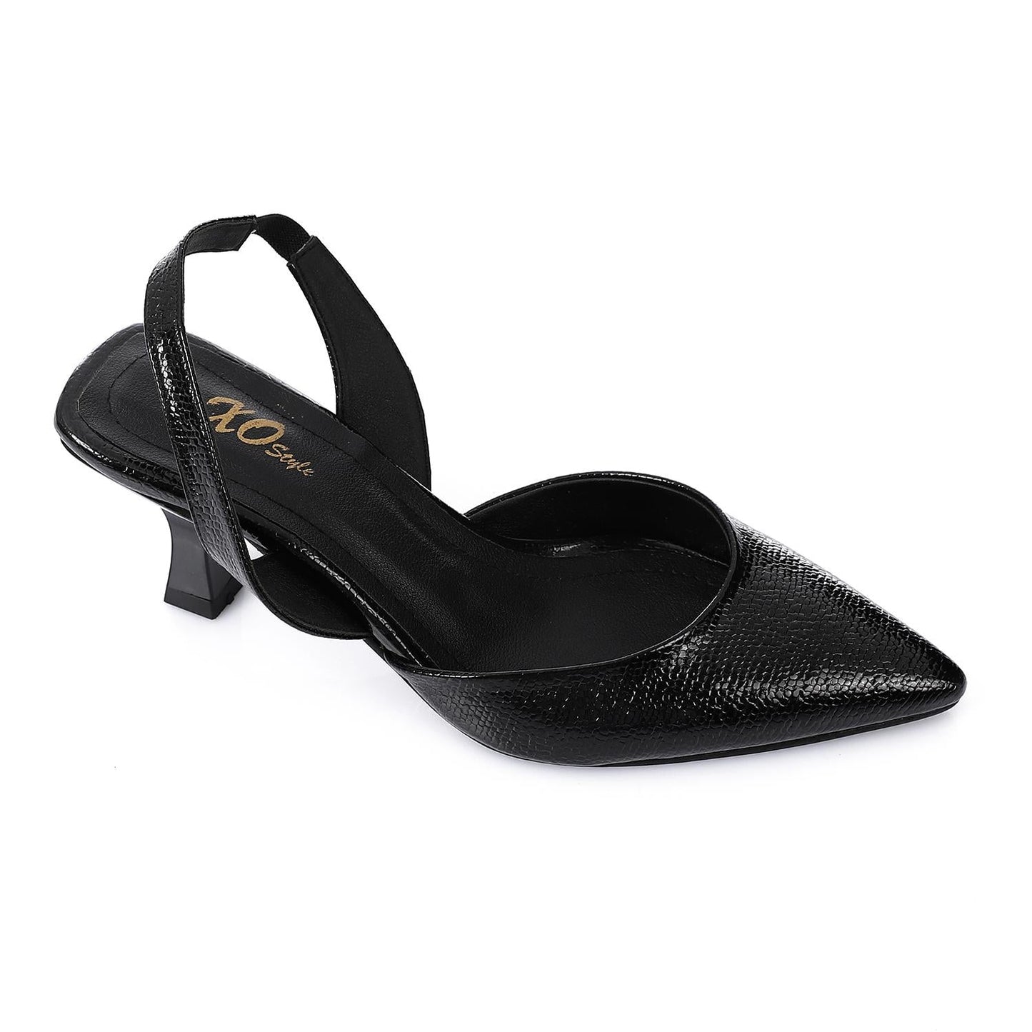 Faux Leather Metallic Slingback Kitten Heel Pumps – Black