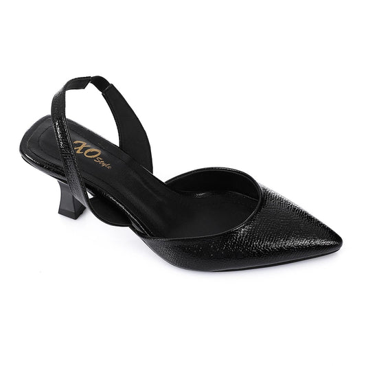 Faux Leather Metallic Slingback Kitten Heel Pumps – Black