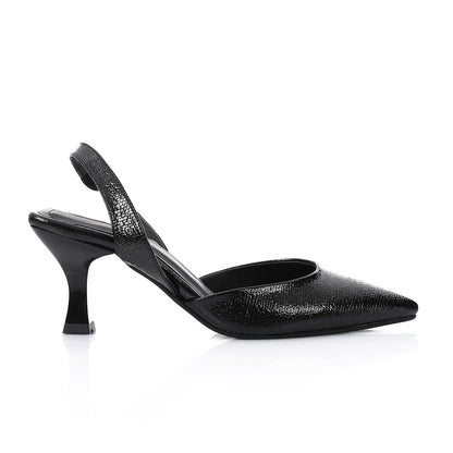 Faux Leather Metallic Slingback Kitten Heel Pumps – Black