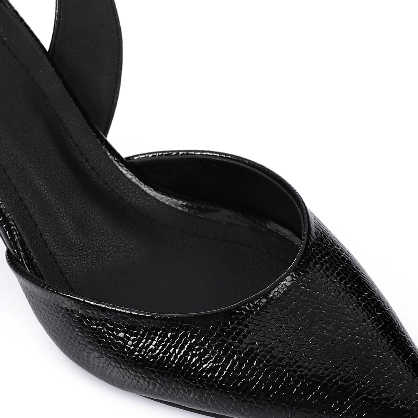 Faux Leather Metallic Slingback Kitten Heel Pumps – Black
