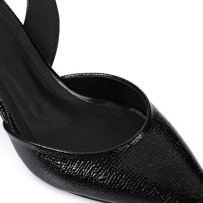 Faux Leather Metallic Slingback Kitten Heel Pumps – Black