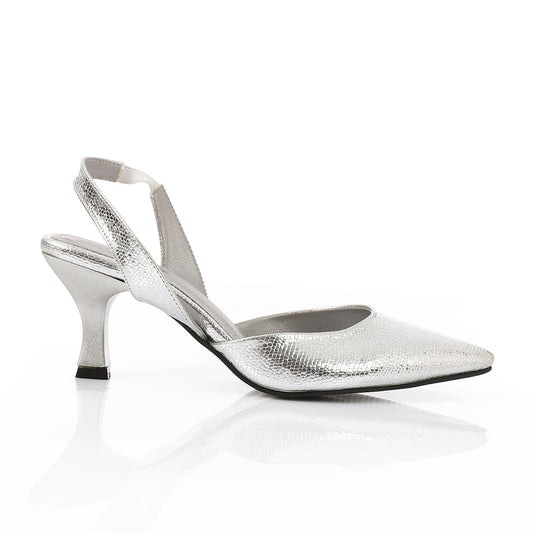 Faux Leather Metallic Slingback Kitten Heel Pumps – Silver