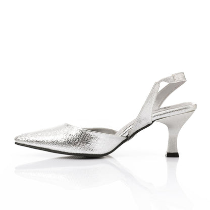 Faux Leather Metallic Slingback Kitten Heel Pumps – Silver