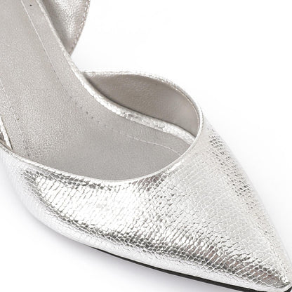 Faux Leather Metallic Slingback Kitten Heel Pumps – Silver