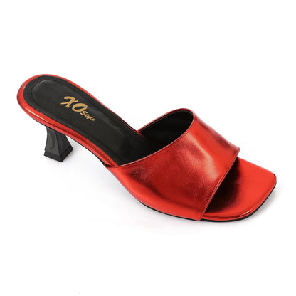 Faux Leather High Heel Mule Sandals - Red