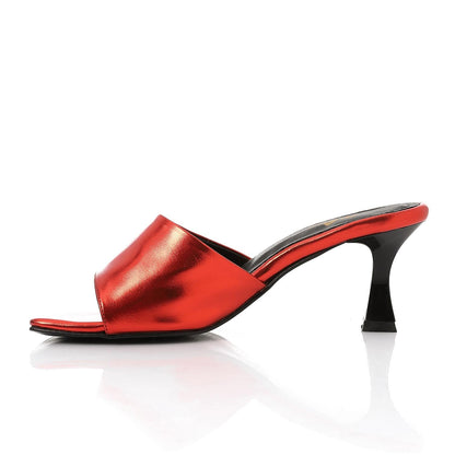 Faux Leather High Heel Mule Sandals - Red