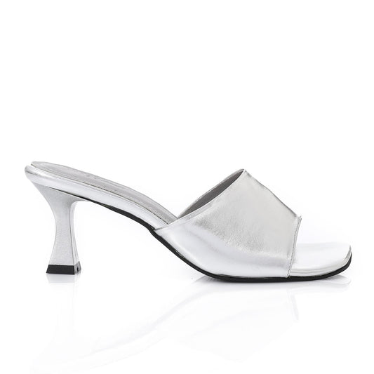 Faux Leather High Heel Mule Sandals - Silver