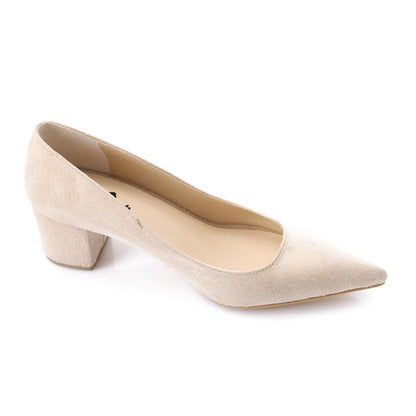 Suede Pointed-Toe Block Heel Pump - Beige