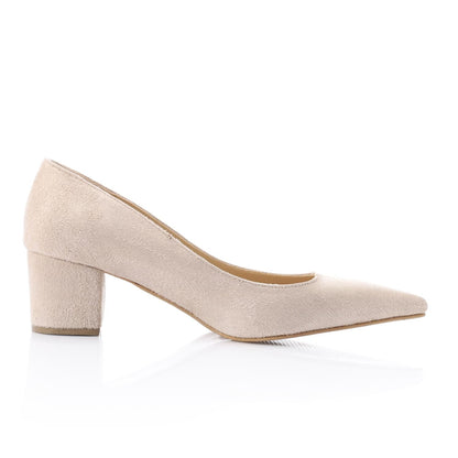 Suede Pointed-Toe Block Heel Pump - Beige