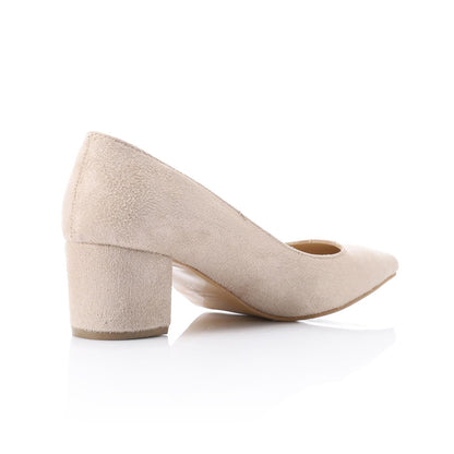Suede Pointed-Toe Block Heel Pump - Beige