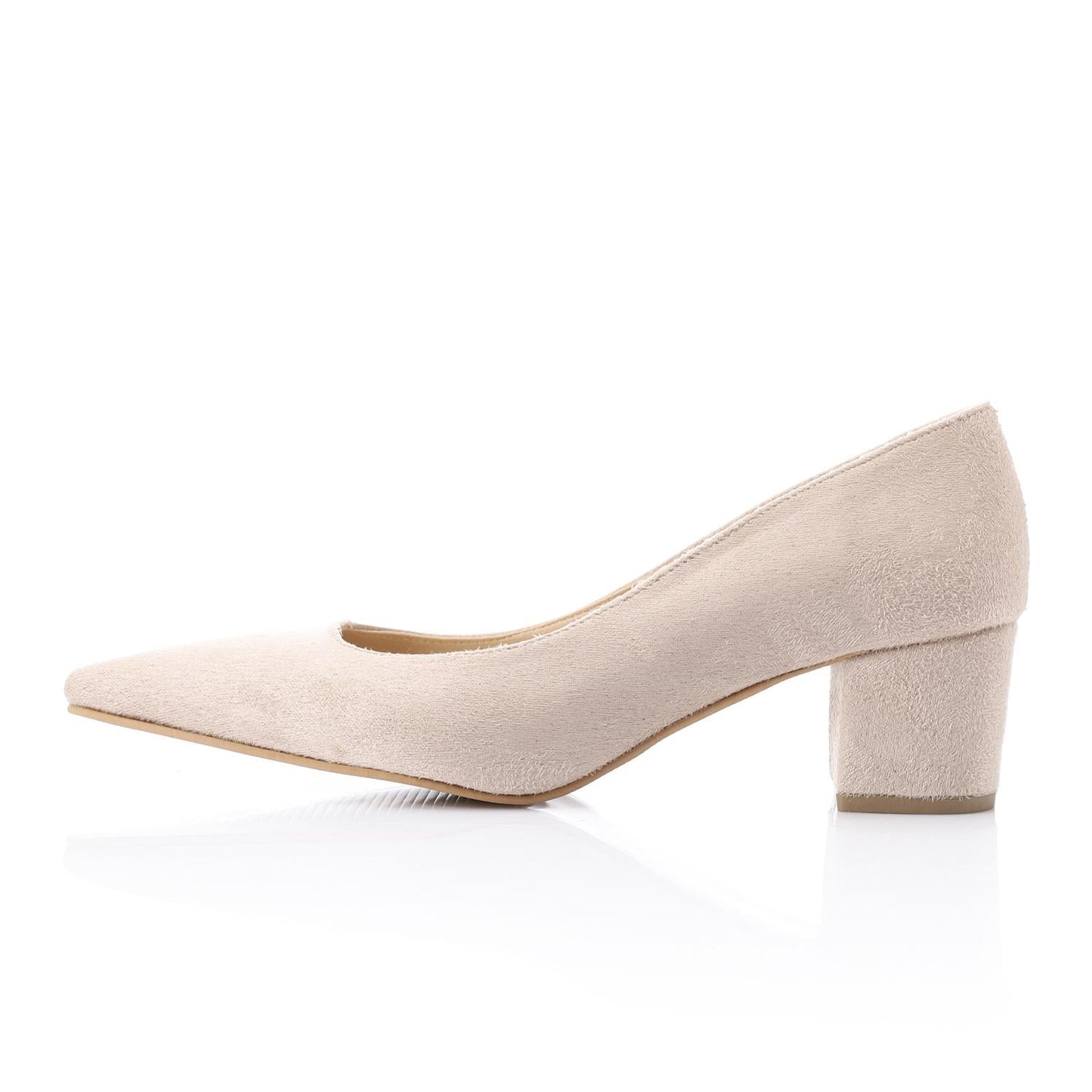 Suede Pointed-Toe Block Heel Pump - Beige