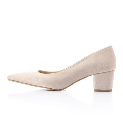 Suede Pointed-Toe Block Heel Pump - Beige
