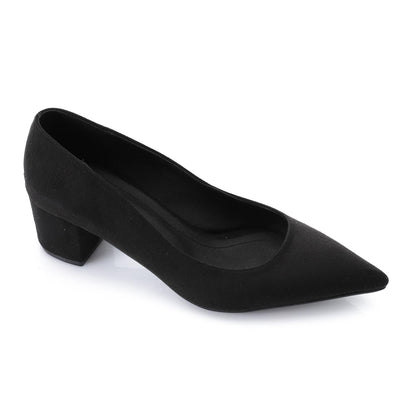 Suede Pointed-Toe Block Heel Pump - Black