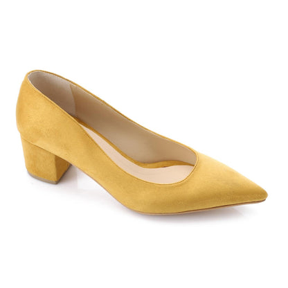 Suede Pointed-Toe Block Heel Pump - Mustard Yellow
