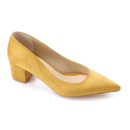 Suede Pointed-Toe Block Heel Pump - Mustard Yellow