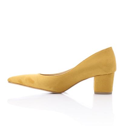 Suede Pointed-Toe Block Heel Pump - Mustard Yellow