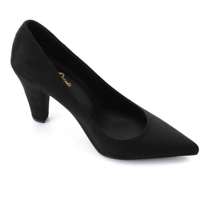 Suede Pointed-Toe Cone Heel Pump - Black