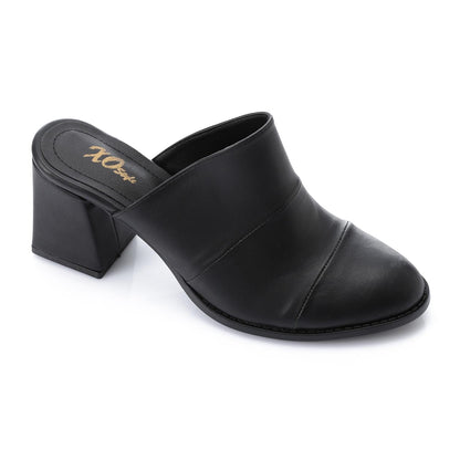 Leather Solid Block Heel Mules – Black