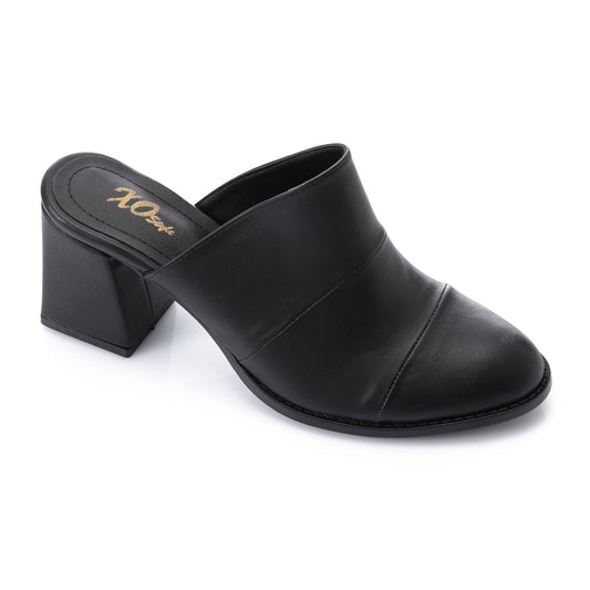 Leather Solid Block Heel Mules – Black