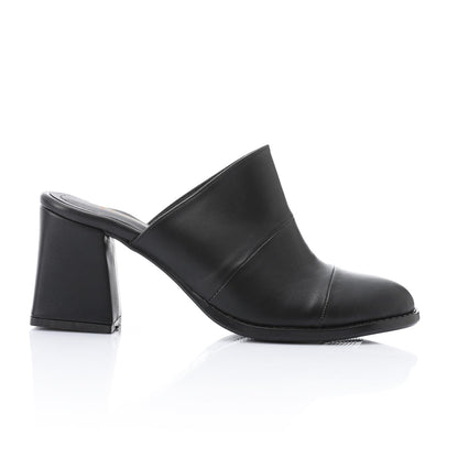 Leather Solid Block Heel Mules – Black