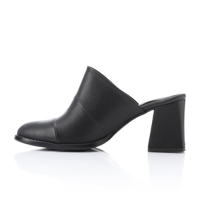 Leather Solid Block Heel Mules – Black