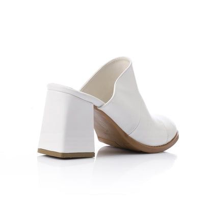 Leather Solid Block Heel Mules – White