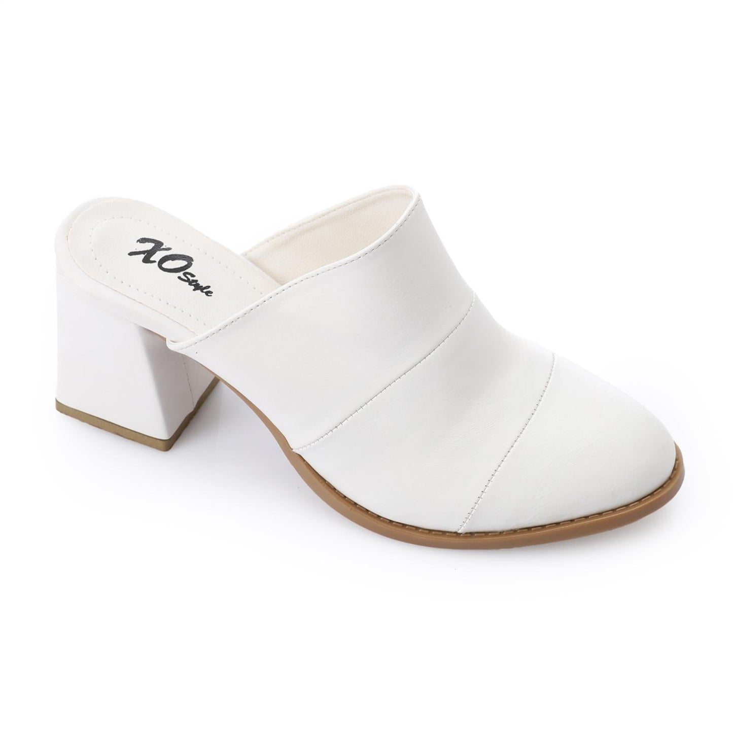 Leather Solid Block Heel Mules – White