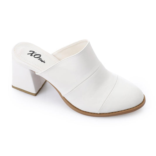 Leather Solid Block Heel Mules – White