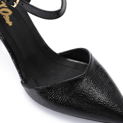 Faux Leather Pointed-Toe Kitten Heel Pump - Black