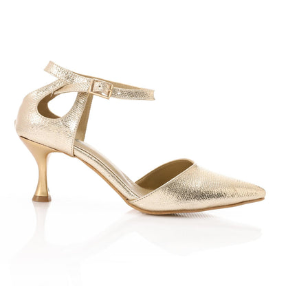 Faux Leather Pointed-Toe Kitten Heel Pump - Gold