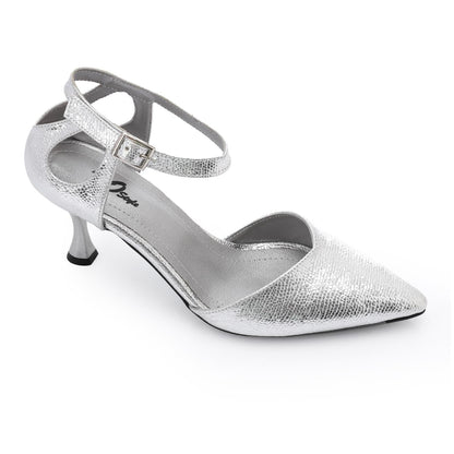 Faux Leather Pointed-Toe Kitten Heel Pump - Silver