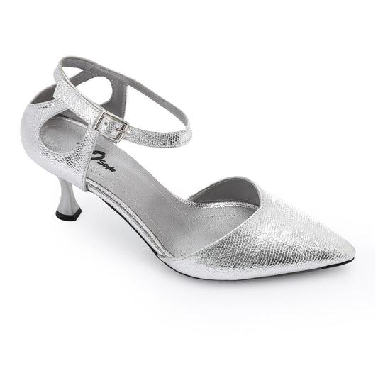 Faux Leather Pointed-Toe Kitten Heel Pump - Silver