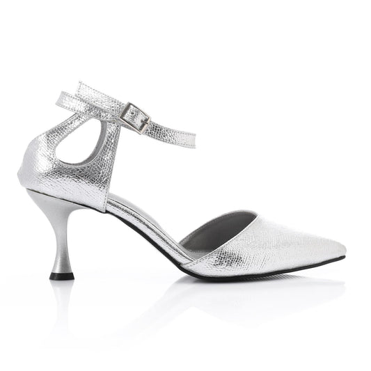 Faux Leather Pointed-Toe Kitten Heel Pump - Silver