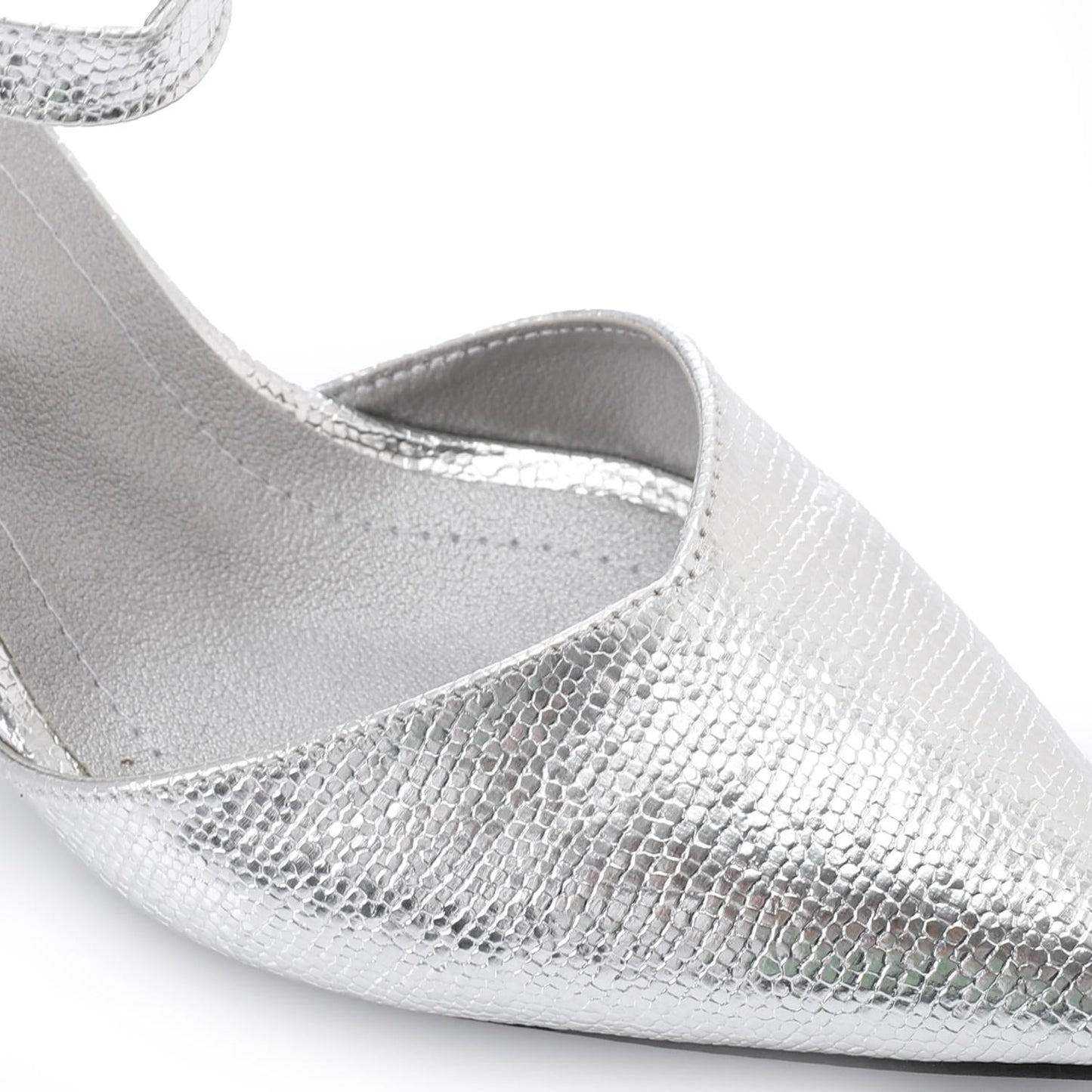 Faux Leather Pointed-Toe Kitten Heel Pump - Silver