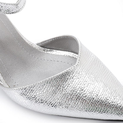 Faux Leather Pointed-Toe Kitten Heel Pump - Silver