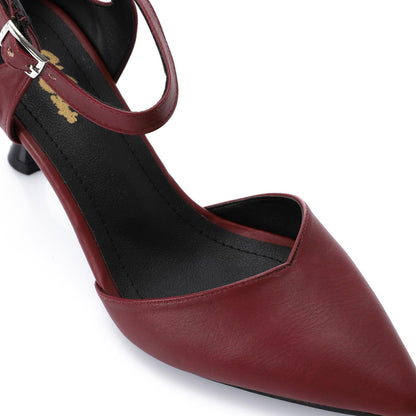 Faux Leather Pointed-Toe Kitten Heel Pump - Burgundy
