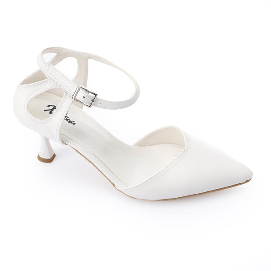 Faux Leather Pointed-Toe Kitten Heel Pump - White
