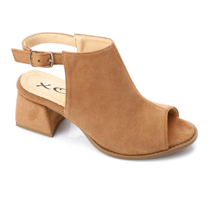 Suede Peep-Toe Block Heel Sandals - Camel