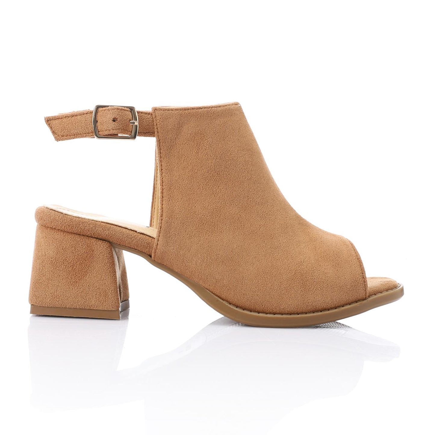 Suede Peep-Toe Block Heel Sandals - Camel