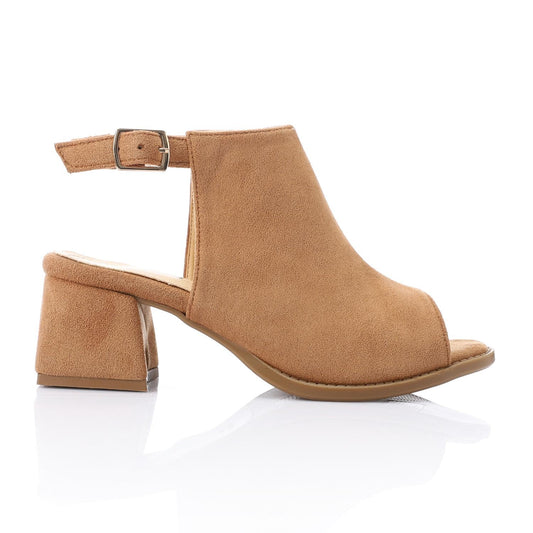 Suede Peep-Toe Block Heel Sandals - Camel