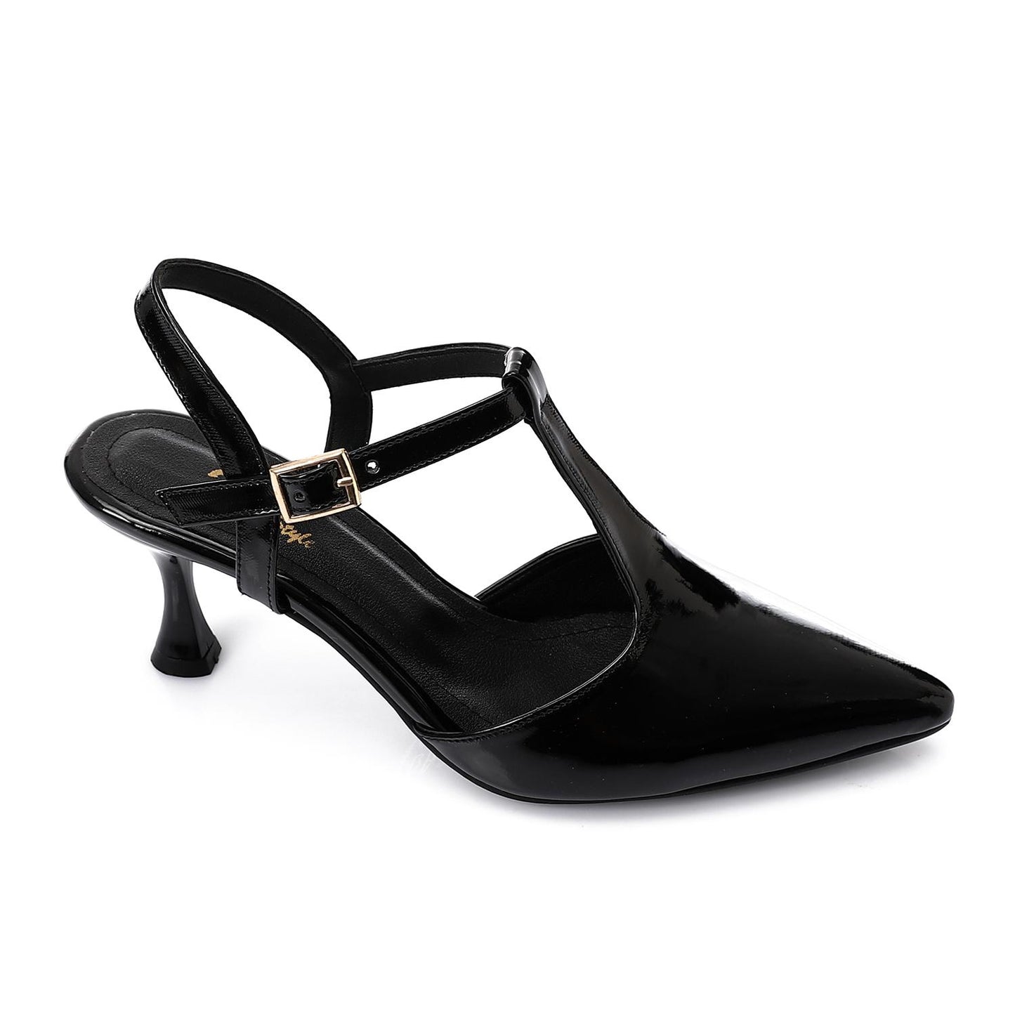 Faux Leather T-Strap Heeled Shoe – Black