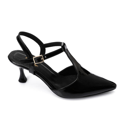 Faux Leather T-Strap Heeled Shoe – Black