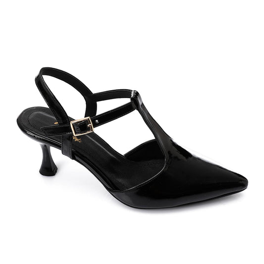 Faux Leather T-Strap Heeled Shoe – Black