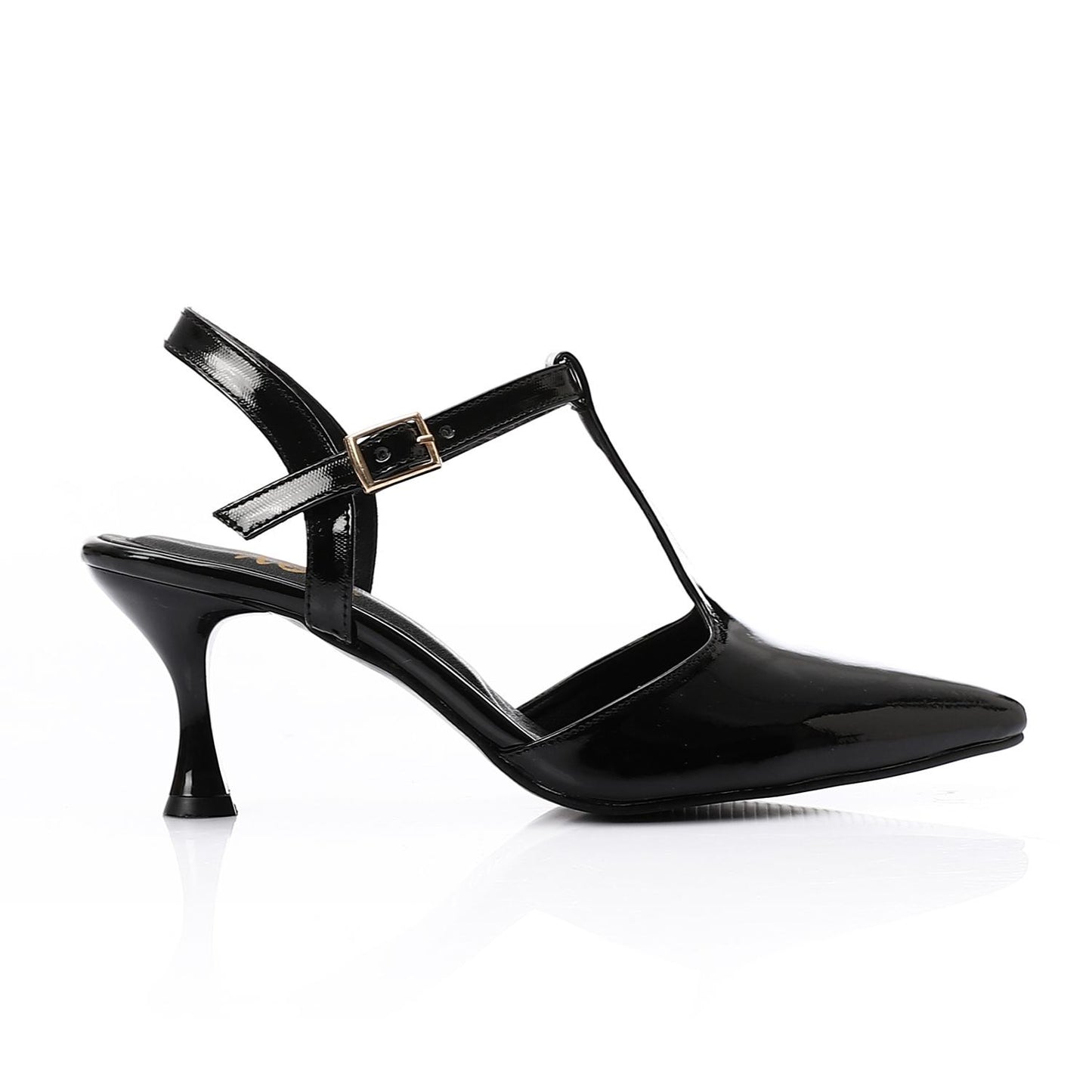 Faux Leather T-Strap Heeled Shoe – Black
