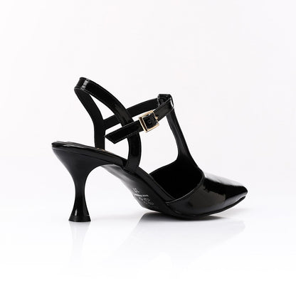 Faux Leather T-Strap Heeled Shoe – Black