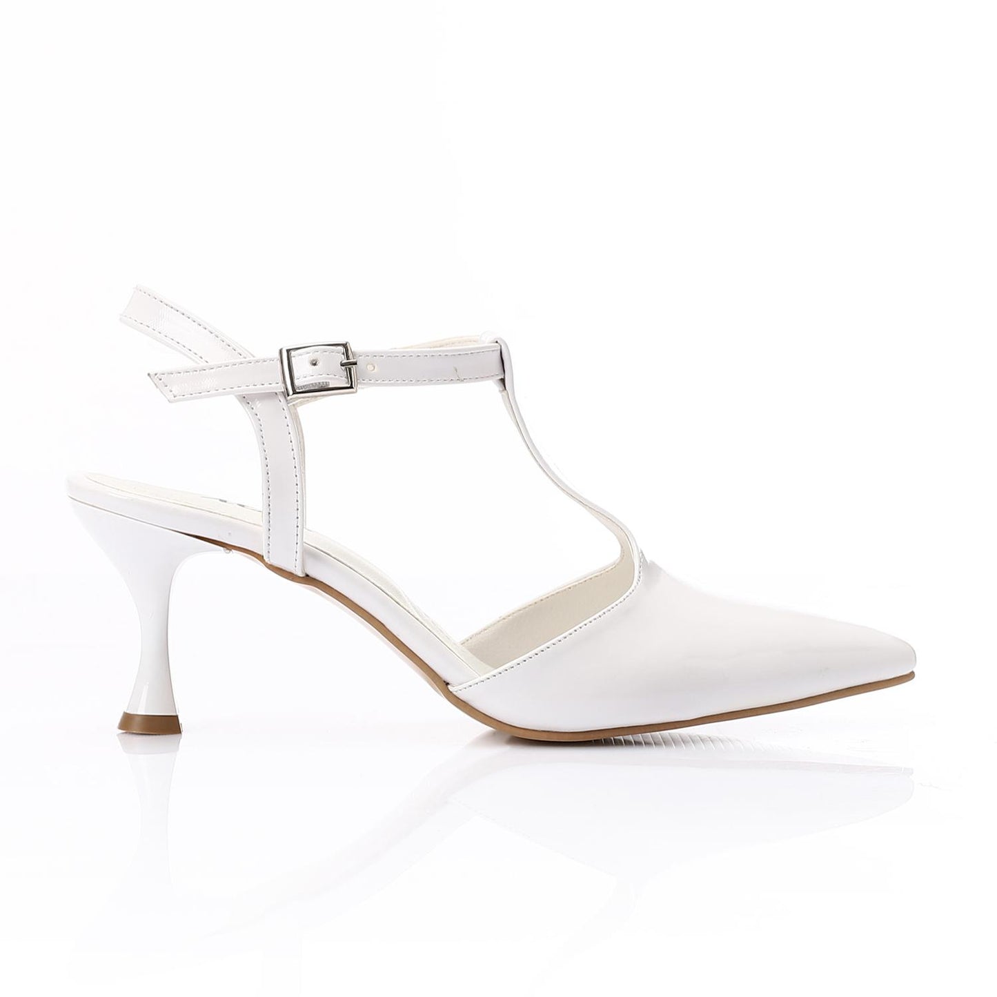 Faux Leather T-Strap Heeled Shoe – White