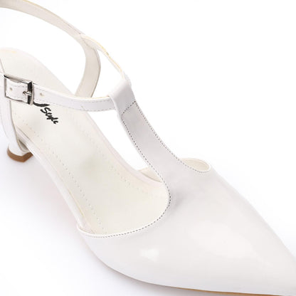 Faux Leather T-Strap Heeled Shoe – White